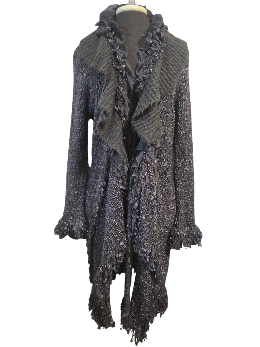Pretty Angel womens duster cardigan ruffle fringe whimsigoth fairy L silk wool